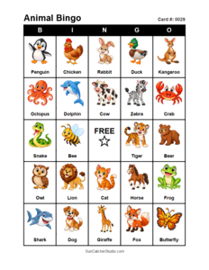 Animal Bingo Card #0029. Free printable animal bingo card for kids with animal pictures and words, perfect for classroom games, parties, preschool, and elementary school activities.