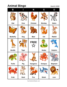 Animal Bingo Card #0030. Free printable animal bingo card for kids with animal pictures and words, perfect for classroom games, parties, preschool, and elementary school activities.