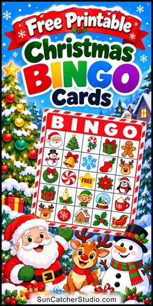 Free printable Christmas Bingo Cards for kids with colorful cartoon Christmas pictures and words, perfect for classrooms, preschool, school parties, family games, and holiday activities. DIY. PDF and PNG downloads.