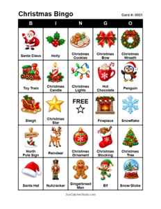 Christmas Bingo Card #0001. Free printable Christmas Bingo Cards for kids with colorful cartoon Christmas pictures and words, perfect for classrooms, preschool, school parties, and holiday activities. PDF and PNG downloads.