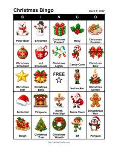 Christmas Bingo Card #0002. Free printable Christmas Bingo Cards for kids with colorful cartoon Christmas pictures and words, perfect for classrooms, preschool, school parties, and holiday activities. PDF and PNG downloads.