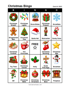 Christmas Bingo Card #0003. Free printable Christmas Bingo Cards for kids with colorful cartoon Christmas pictures and words, perfect for classrooms, preschool, school parties, and holiday activities. PDF and PNG downloads.