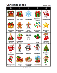 Christmas Bingo Card #0004. Free printable Christmas Bingo Cards for kids with colorful cartoon Christmas pictures and words, perfect for classrooms, preschool, school parties, and holiday activities. PDF and PNG downloads.