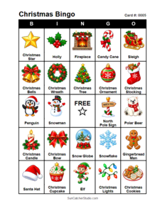 Christmas Bingo Card #0005. Free printable Christmas Bingo Cards for kids with colorful cartoon Christmas pictures and words, perfect for classrooms, preschool, school parties, and holiday activities. PDF and PNG downloads.