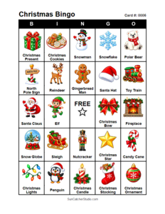 Christmas Bingo Card #0006. Free printable Christmas Bingo Cards for kids with colorful cartoon Christmas pictures and words, perfect for classrooms, preschool, school parties, and holiday activities. PDF and PNG downloads.