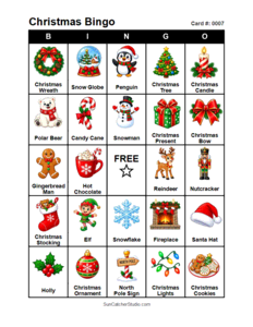 Christmas Bingo Card #0007. Free printable Christmas Bingo Cards for kids with colorful cartoon Christmas pictures and words, perfect for classrooms, preschool, school parties, and holiday activities. PDF and PNG downloads.
