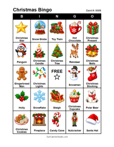 Christmas Bingo Card #0008. Free printable Christmas Bingo Cards for kids with colorful cartoon Christmas pictures and words, perfect for classrooms, preschool, school parties, and holiday activities. PDF and PNG downloads.