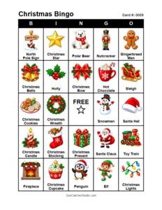 Christmas Bingo Card #0009. Free printable Christmas Bingo Cards for kids with colorful cartoon Christmas pictures and words, perfect for classrooms, preschool, school parties, and holiday activities. PDF and PNG downloads.
