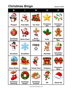 Christmas Bingo Card #0010. Free printable Christmas Bingo Cards for kids with colorful cartoon Christmas pictures and words, perfect for classrooms, preschool, school parties, and holiday activities. PDF and PNG downloads.