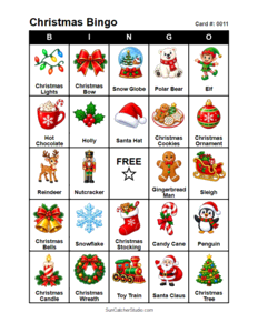 Christmas Bingo Card #0011. Free printable Christmas Bingo Cards for kids with colorful cartoon Christmas pictures and words, perfect for classrooms, preschool, school parties, and holiday activities. PDF and PNG downloads.