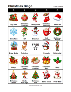 Christmas Bingo Card #0012. Free printable Christmas Bingo Cards for kids with colorful cartoon Christmas pictures and words, perfect for classrooms, preschool, school parties, and holiday activities. PDF and PNG downloads.