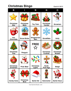 Christmas Bingo Card #0013. Free printable Christmas Bingo Cards for kids with colorful cartoon Christmas pictures and words, perfect for classrooms, preschool, school parties, and holiday activities. PDF and PNG downloads.