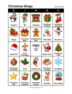 Christmas Bingo Card #0014. Free printable Christmas Bingo Cards for kids with colorful cartoon Christmas pictures and words, perfect for classrooms, preschool, school parties, and holiday activities. PDF and PNG downloads.