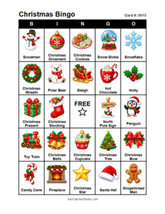 Christmas Bingo Card #0015. Free printable Christmas Bingo Cards for kids with colorful cartoon Christmas pictures and words, perfect for classrooms, preschool, school parties, and holiday activities. PDF and PNG downloads.