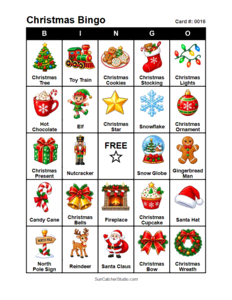 Christmas Bingo Card #0016. Free printable Christmas Bingo Cards for kids with colorful cartoon Christmas pictures and words, perfect for classrooms, preschool, school parties, and holiday activities. PDF and PNG downloads.