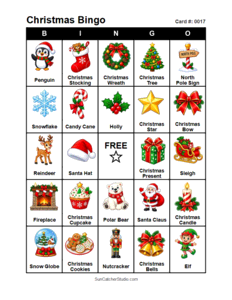 Christmas Bingo Card #0017. Free printable Christmas Bingo Cards for kids with colorful cartoon Christmas pictures and words, perfect for classrooms, preschool, school parties, and holiday activities. PDF and PNG downloads.