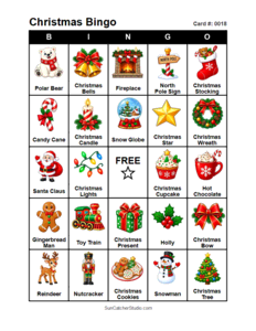 Christmas Bingo Card #0018. Free printable Christmas Bingo Cards for kids with colorful cartoon Christmas pictures and words, perfect for classrooms, preschool, school parties, and holiday activities. PDF and PNG downloads.