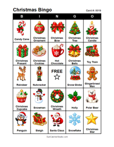 Christmas Bingo Card #0019. Free printable Christmas Bingo Cards for kids with colorful cartoon Christmas pictures and words, perfect for classrooms, preschool, school parties, and holiday activities. PDF and PNG downloads.