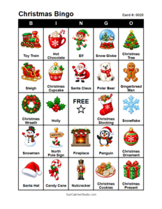 Christmas Bingo Card #0020. Free printable Christmas Bingo Cards for kids with colorful cartoon Christmas pictures and words, perfect for classrooms, preschool, school parties, and holiday activities. PDF and PNG downloads.