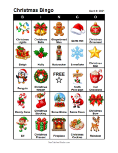 Christmas Bingo Card #0021. Free printable Christmas Bingo Cards for kids with colorful cartoon Christmas pictures and words, perfect for classrooms, preschool, school parties, and holiday activities. PDF and PNG downloads.