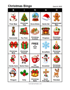 Christmas Bingo Card #0022. Free printable Christmas Bingo Cards for kids with colorful cartoon Christmas pictures and words, perfect for classrooms, preschool, school parties, and holiday activities. PDF and PNG downloads.