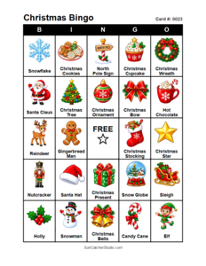 Christmas Bingo Card #0023. Free printable Christmas Bingo Cards for kids with colorful cartoon Christmas pictures and words, perfect for classrooms, preschool, school parties, and holiday activities. PDF and PNG downloads.