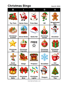 Christmas Bingo Card #0024. Free printable Christmas Bingo Cards for kids with colorful cartoon Christmas pictures and words, perfect for classrooms, preschool, school parties, and holiday activities. PDF and PNG downloads.