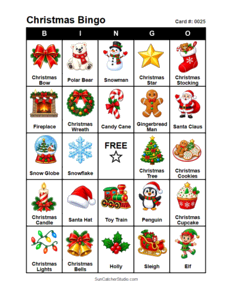 Christmas Bingo Card #0025. Free printable Christmas Bingo Cards for kids with colorful cartoon Christmas pictures and words, perfect for classrooms, preschool, school parties, and holiday activities. PDF and PNG downloads.