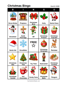 Christmas Bingo Card #0026. Free printable Christmas Bingo Cards for kids with colorful cartoon Christmas pictures and words, perfect for classrooms, preschool, school parties, and holiday activities. PDF and PNG downloads.