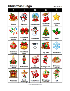 Christmas Bingo Card #0027. Free printable Christmas Bingo Cards for kids with colorful cartoon Christmas pictures and words, perfect for classrooms, preschool, school parties, and holiday activities. PDF and PNG downloads.
