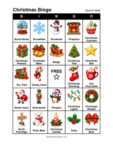 Christmas Bingo Card #0028. Free printable Christmas Bingo Cards for kids with colorful cartoon Christmas pictures and words, perfect for classrooms, preschool, school parties, and holiday activities. PDF and PNG downloads.