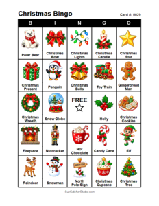 Christmas Bingo Card #0029. Free printable Christmas Bingo Cards for kids with colorful cartoon Christmas pictures and words, perfect for classrooms, preschool, school parties, and holiday activities. PDF and PNG downloads.
