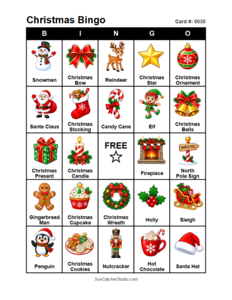 Christmas Bingo Card #0030. Free printable Christmas Bingo Cards for kids with colorful cartoon Christmas pictures and words, perfect for classrooms, preschool, school parties, and holiday activities. PDF and PNG downloads.