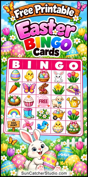 Free printable Easter Bingo Cards for kids with colorful cartoon Easter and spring pictures and words, perfect for classrooms, preschool, school parties, family games, and Easter activities. PDF and PNG downloads.