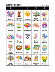 Easter Bingo Card #0001. Free printable Easter bingo cards for kids with colorful Easter pictures and words, perfect for preschool activities, classrooms, school parties, family activities, Easter parties, and seasonal games. PDF and PNG downloads.