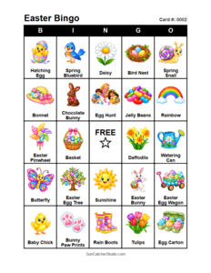 Easter Bingo Card #0002. Free printable Easter bingo cards for kids with colorful Easter pictures and words, perfect for preschool activities, classrooms, school parties, family activities, Easter parties, and seasonal games. PDF and PNG downloads.