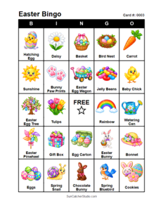 Easter Bingo Card #0003. Free printable Easter bingo cards for kids with colorful Easter pictures and words, perfect for preschool activities, classrooms, school parties, family activities, Easter parties, and seasonal games. PDF and PNG downloads.