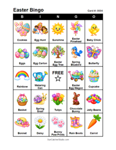 Easter Bingo Card #0004. Free printable Easter bingo cards for kids with colorful Easter pictures and words, perfect for preschool activities, classrooms, school parties, family activities, Easter parties, and seasonal games. PDF and PNG downloads.