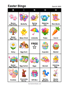 Easter Bingo Card #0005. Free printable Easter bingo cards for kids with colorful Easter pictures and words, perfect for preschool activities, classrooms, school parties, family activities, Easter parties, and seasonal games. PDF and PNG downloads.