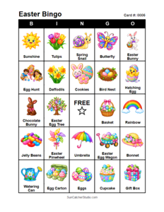 Easter Bingo Card #0006. Free printable Easter bingo cards for kids with colorful Easter pictures and words, perfect for preschool activities, classrooms, school parties, family activities, Easter parties, and seasonal games. PDF and PNG downloads.
