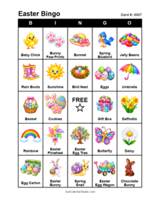 Easter Bingo Card #0007. Free printable Easter bingo cards for kids with colorful Easter pictures and words, perfect for preschool activities, classrooms, school parties, family activities, Easter parties, and seasonal games. PDF and PNG downloads.
