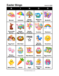 Easter Bingo Card #0008. Free printable Easter bingo cards for kids with colorful Easter pictures and words, perfect for preschool activities, classrooms, school parties, family activities, Easter parties, and seasonal games. PDF and PNG downloads.