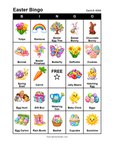 Easter Bingo Card #0009. Free printable Easter bingo cards for kids with colorful Easter pictures and words, perfect for preschool activities, classrooms, school parties, family activities, Easter parties, and seasonal games. PDF and PNG downloads.