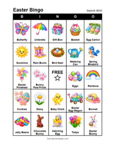 Easter Bingo Card #0010. Free printable Easter bingo cards for kids with colorful Easter pictures and words, perfect for preschool activities, classrooms, school parties, family activities, Easter parties, and seasonal games. PDF and PNG downloads.