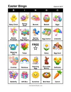 Easter Bingo Card #0011. Free printable Easter bingo cards for kids with colorful Easter pictures and words, perfect for preschool activities, classrooms, school parties, family activities, Easter parties, and seasonal games. PDF and PNG downloads.