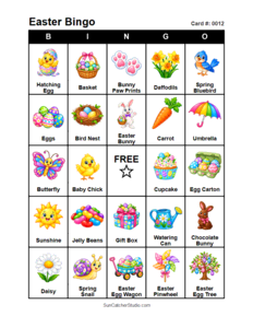 Easter Bingo Card #0012. Free printable Easter bingo cards for kids with colorful Easter pictures and words, perfect for preschool activities, classrooms, school parties, family activities, Easter parties, and seasonal games. PDF and PNG downloads.