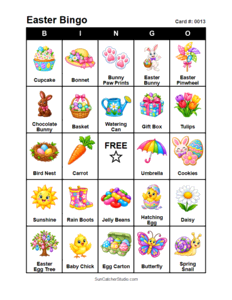 Easter Bingo Card #0013. Free printable Easter bingo cards for kids with colorful Easter pictures and words, perfect for preschool activities, classrooms, school parties, family activities, Easter parties, and seasonal games. PDF and PNG downloads.