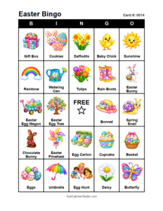 Easter Bingo Card #0014. Free printable Easter bingo cards for kids with colorful Easter pictures and words, perfect for preschool activities, classrooms, school parties, family activities, Easter parties, and seasonal games. PDF and PNG downloads.