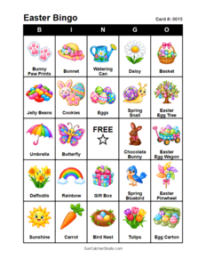 Easter Bingo Card #0015. Free printable Easter bingo cards for kids with colorful Easter pictures and words, perfect for preschool activities, classrooms, school parties, family activities, Easter parties, and seasonal games. PDF and PNG downloads.