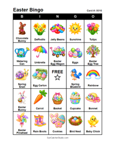 Easter Bingo Card #0016. Free printable Easter bingo cards for kids with colorful Easter pictures and words, perfect for preschool activities, classrooms, school parties, family activities, Easter parties, and seasonal games. PDF and PNG downloads.